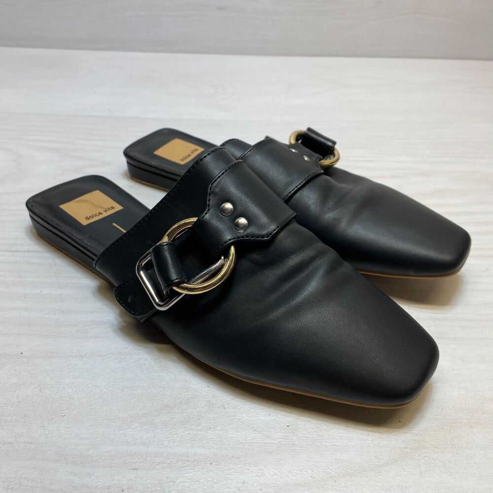 Dolce Vita Gilian Mules Shoes Women's Size 8.5M Black Gold-Tone Buckle Synthetic